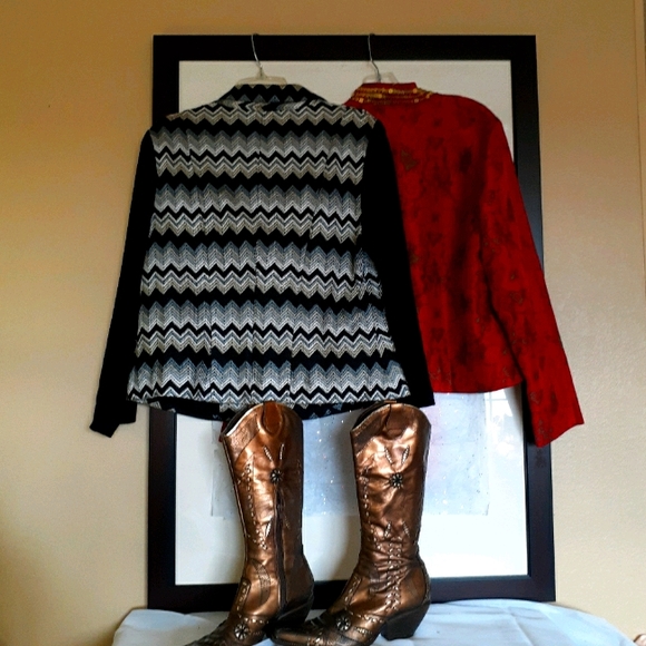 Chico's Black & White Chevron Blazer Woven Knit - Picture 2 of 3